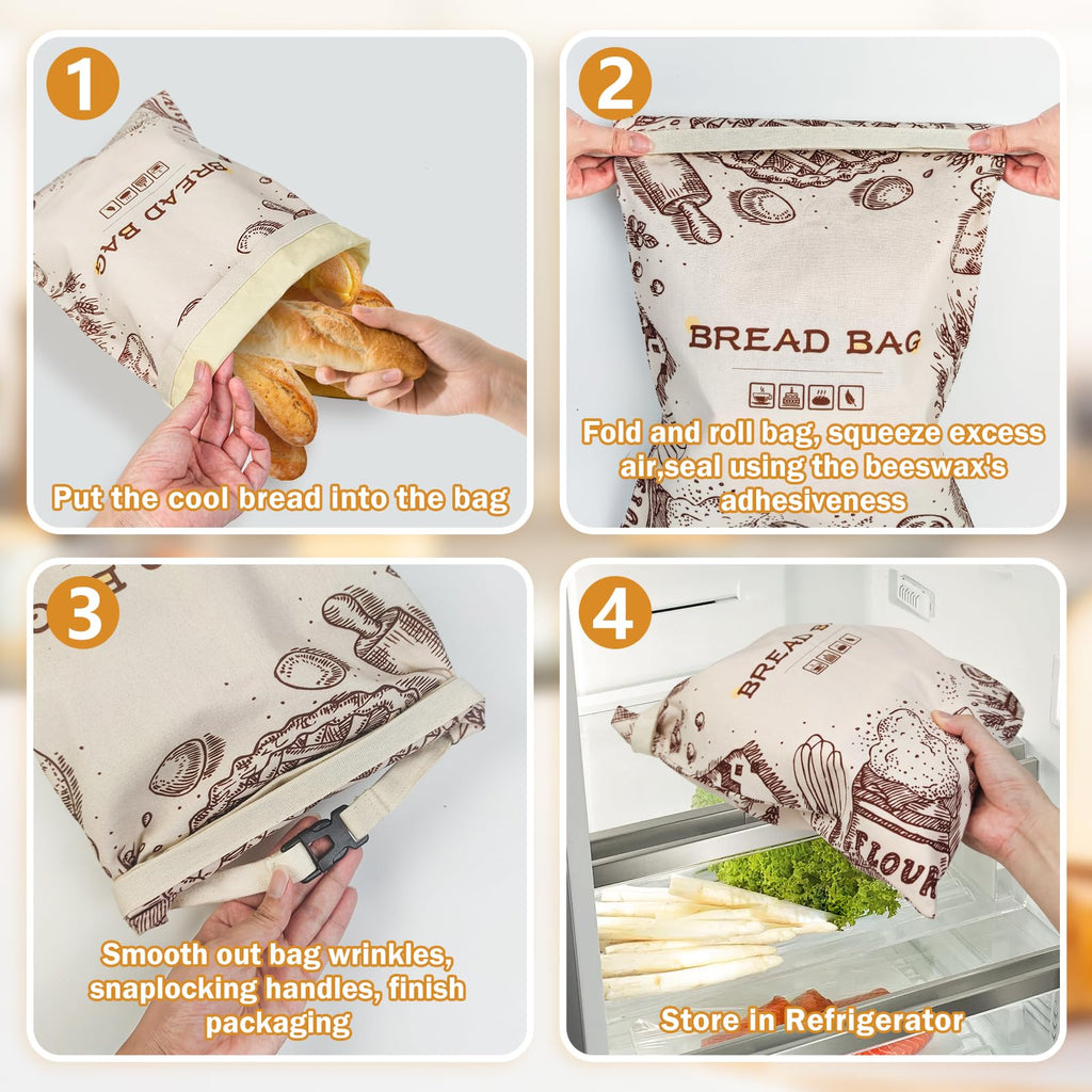 Reusable Beeswax Bread Bags, 2 Pack 13x17 Inch Sourdough Bread Storage Bags for Homemade Bread, Eco-Friendly Beeswax Food Storage Bags, Linen Bread Bag Alternative for Freshness Preservation