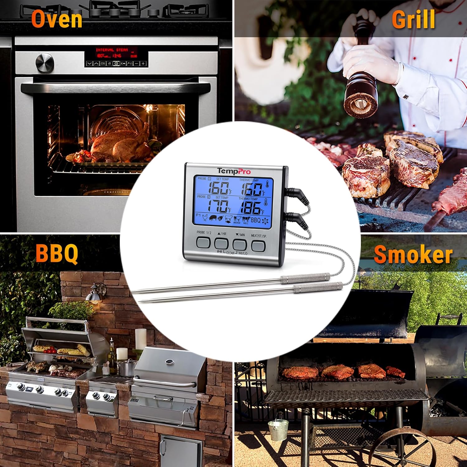 TempPro TP17 Dual Probe Digital Meat Thermometer - Large LCD Backlight & Timer for BBQ, Smoker, Oven - Silver