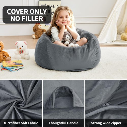 ILPEOD Stuffed Animal Storage Bean Bag Chair Cover Only(No Filling) - Soft and Durable Washable Cover - Drip Oversized Lounge Chair Slipcover for Kids, Adults, Teens - 2.5FT Charcoal