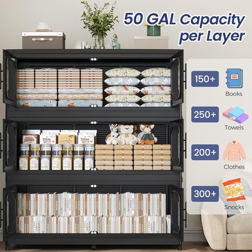250GAL Extra Large Storage Bins - Stackable Collapsible Containers with Lid & Wheels | 5-Pack Black