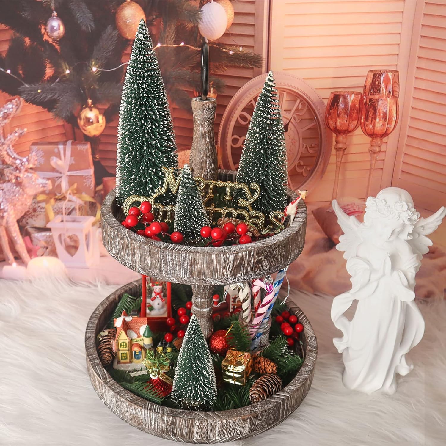 Skiennix Mini Christmas Tree - Small Pine Tabletop Decor with Wooden Base | Green - Set of 4