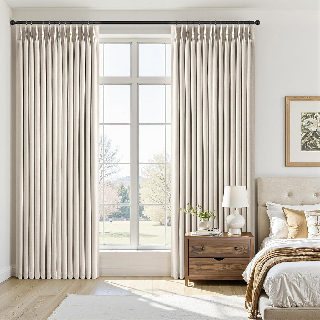Topfinel Oatmeal Blackout Curtains - 84 Inch Long Pinch Pleated Drapes | Energy-Efficient Flax Linen, 2 Panels Set