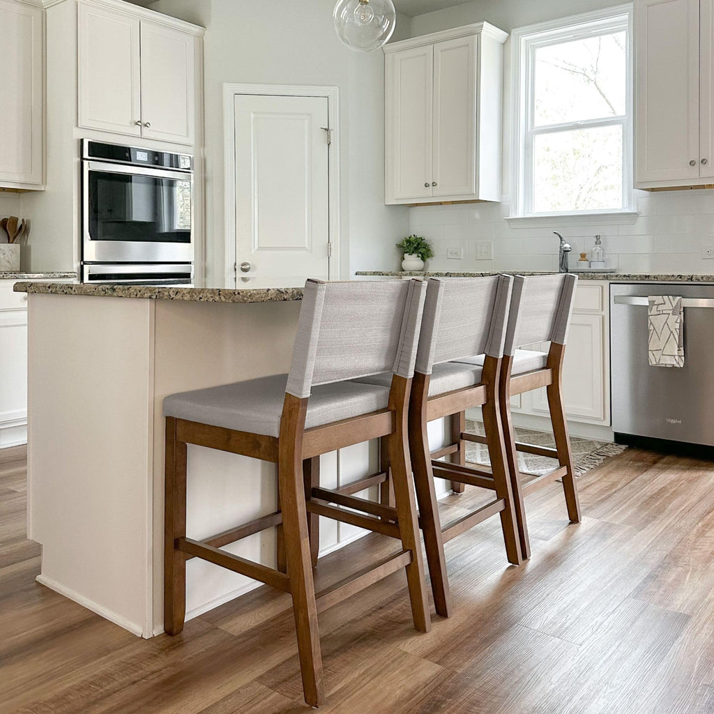 Nathan James Linus Modern Upholstered Counter Height Bar Stool with Back and Solid Rubberwood Legs in a Dark Brown Wood, Natural Light Grey/Brown