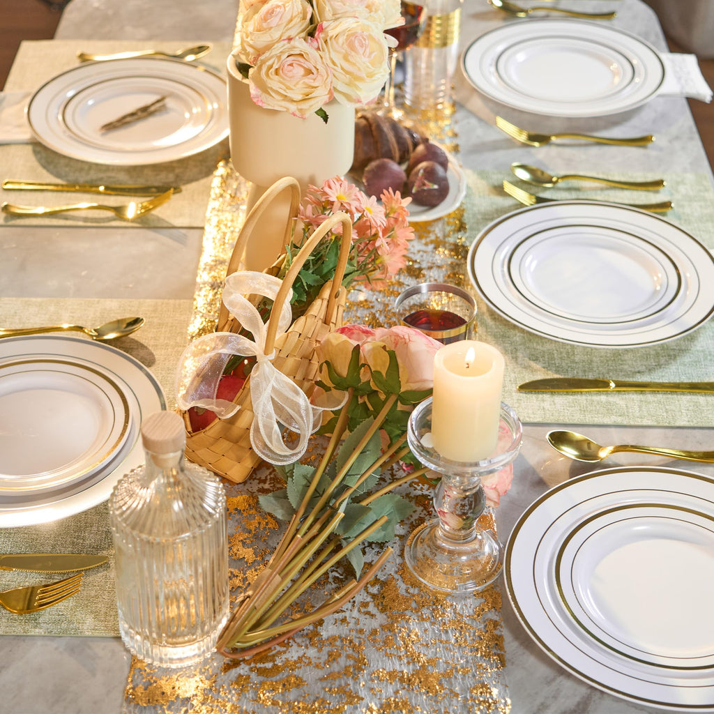 Fijinhom 350 Pieces Gold Disposable Plates for 50 Guests, Disposable Plastic Plates for Party, Wedding, Dinnerware Set of 50 Dinner Plates, 50 Salad Plates,50 Cups and 50 Paper Napkins, Gold