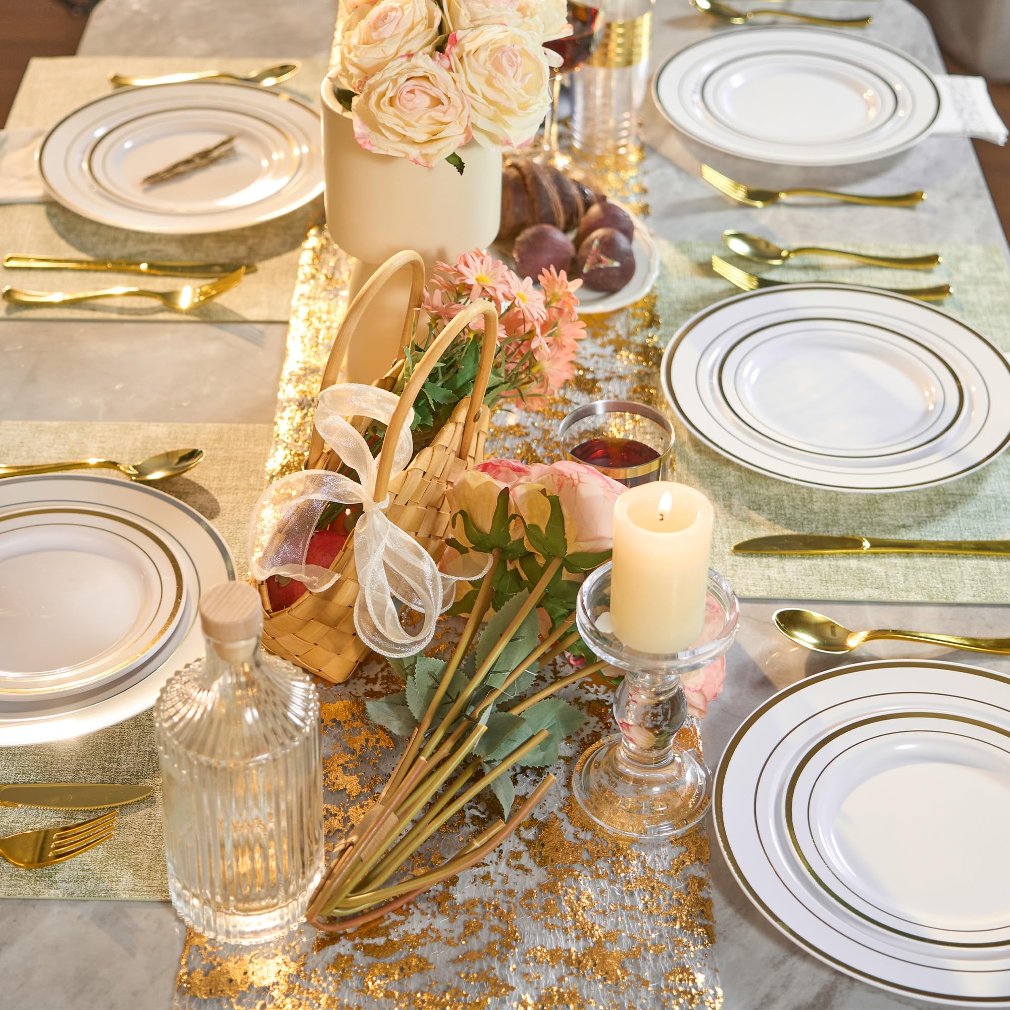 Fijinhom 350 Pieces Gold Disposable Plates for 50 Guests, Disposable Plastic Plates for Party, Wedding, Dinnerware Set of 50 Dinner Plates, 50 Salad Plates,50 Cups and 50 Paper Napkins, Gold
