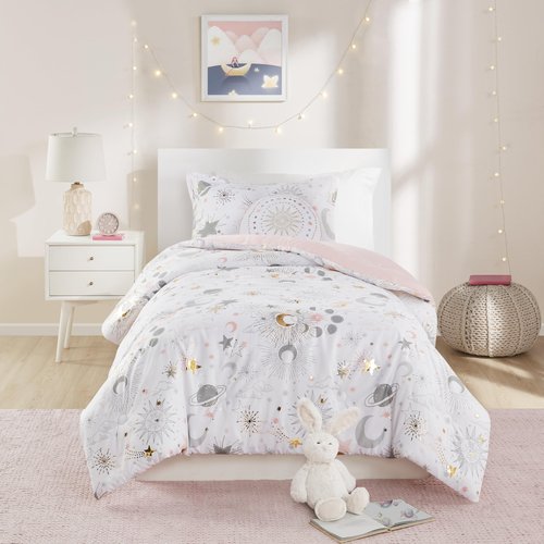 Intelligent Design Kids Full Comforter Set, Celestial Metallic Starry Sky, Moon & Sun Comforters, All Seasons Lightweight & Fluffy Comforter Bed Set, 2 Shams, Celia, Full/Queen, Blush/Gold 4 Piece