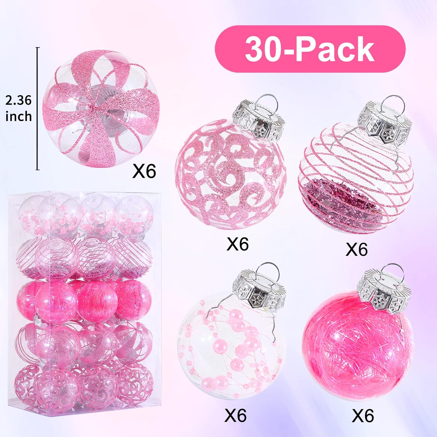 Skiennix 30-Piece Clear Christmas Ornaments Set - Shatterproof Pink Baubles for Holiday Decor