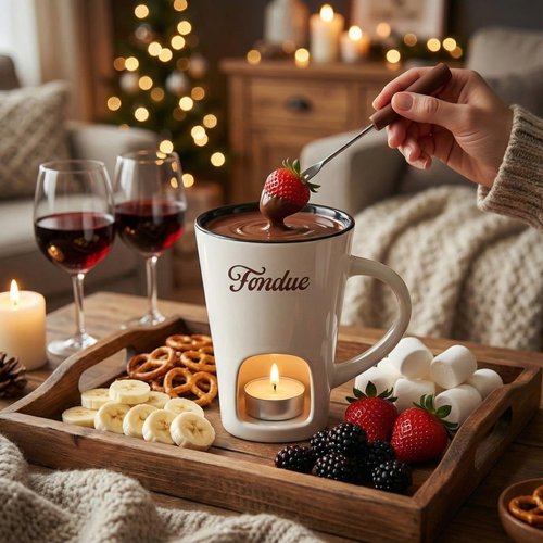 White Chocolate Fondue Mug with Tealight & Fork – Ceramic Single-Serve Fondue Cup for Chocolate & Cheese Dipping