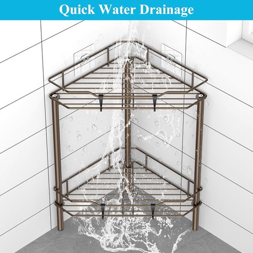 HuggieGems 2-Tier Corner Shower Caddy Organizer - Stylish Bathroom Shelf Rack with Hooks, Bronze Finish