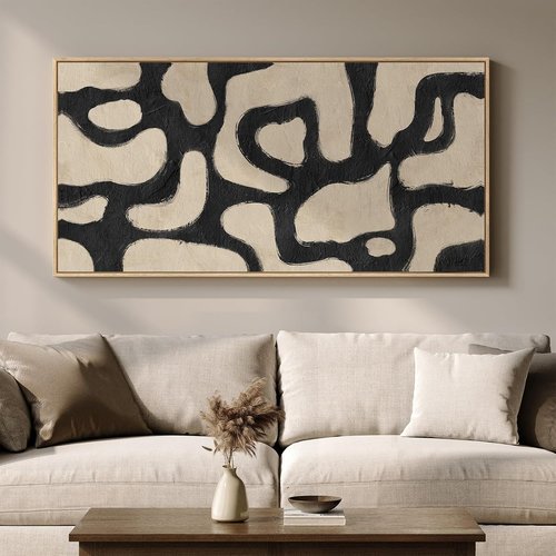 Framed Neutral Abstract Wall Art - Extra Large Black & Beige Canvas Print for Living Room | 30x60 Inch