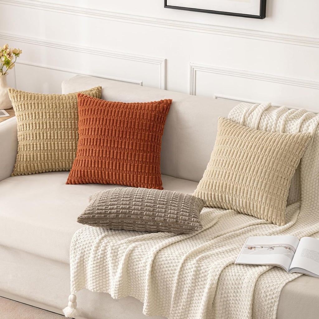 MIULEE Corduroy Throw Pillow Covers - Soft Boho Striped Design | 18x18 Inch Tan Decorative Pillows for Home Decor