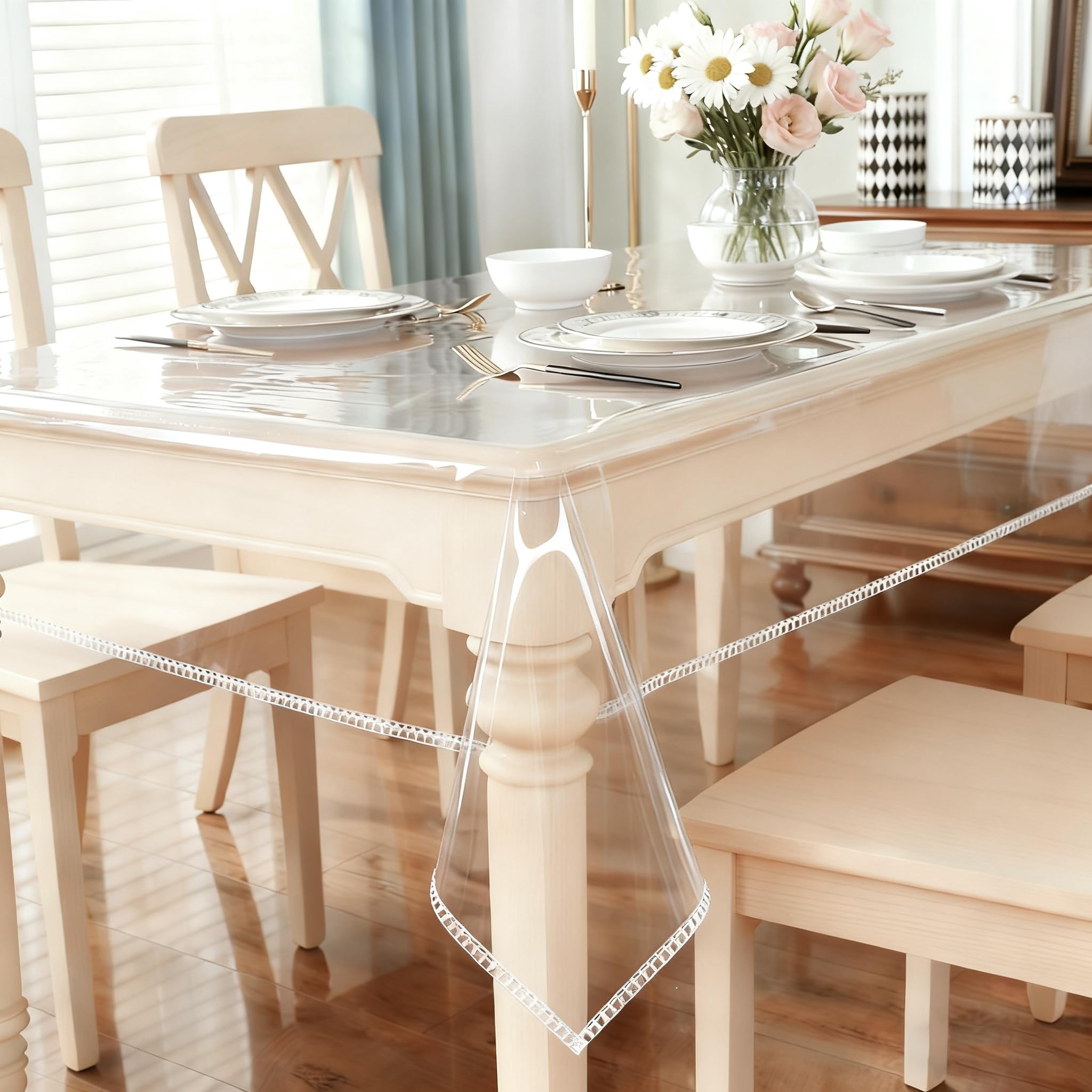 Clear Plastic Table Cover Protector 100% Waterproof Tablecloth Vinyl Rectangle Table Cloth Protector Crystal Clear Plastic Tablecloth Cover for Dining Tables Parties Camping 55" x 70" ,4-6 Seats