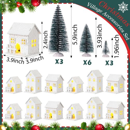 Kajaia Christmas Winter Village Set - 12 Houses & Trees with LED Lights | Cute White Figurines