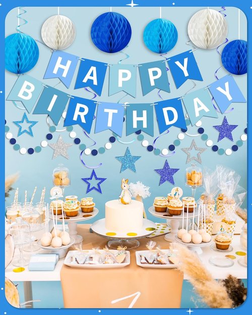 Blue Happy Birthday Decorations - Banner with Honeycomb Balls & Stars | Party Decor for All Ages