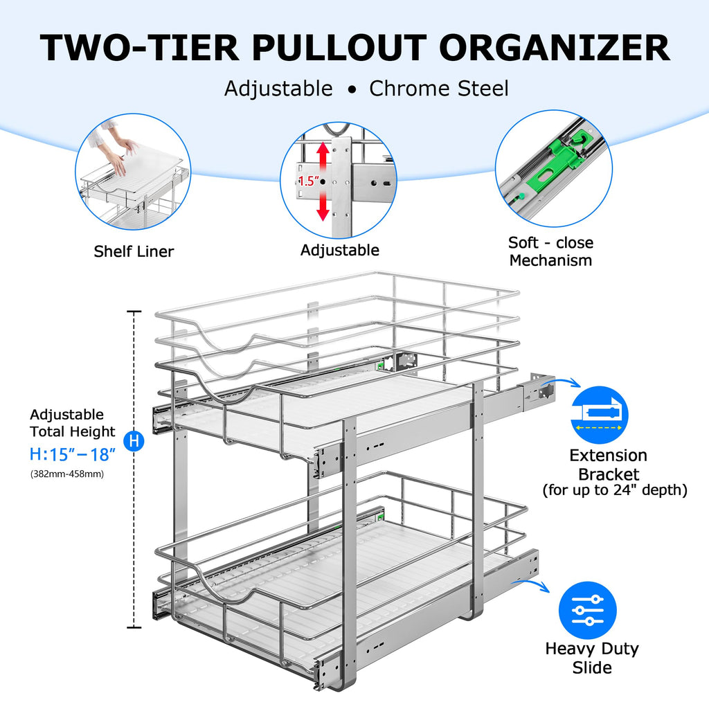 WelFurGeer 2-Tier Kitchen Cabinet Pullout Shelf and Drawer Organizer, Soft Close Pantry Pull Out Shelves, Heavy Duty Pull Out Cabinet Organizer with Shelf Liner for Kitchen Cabinets, Pantry Storage