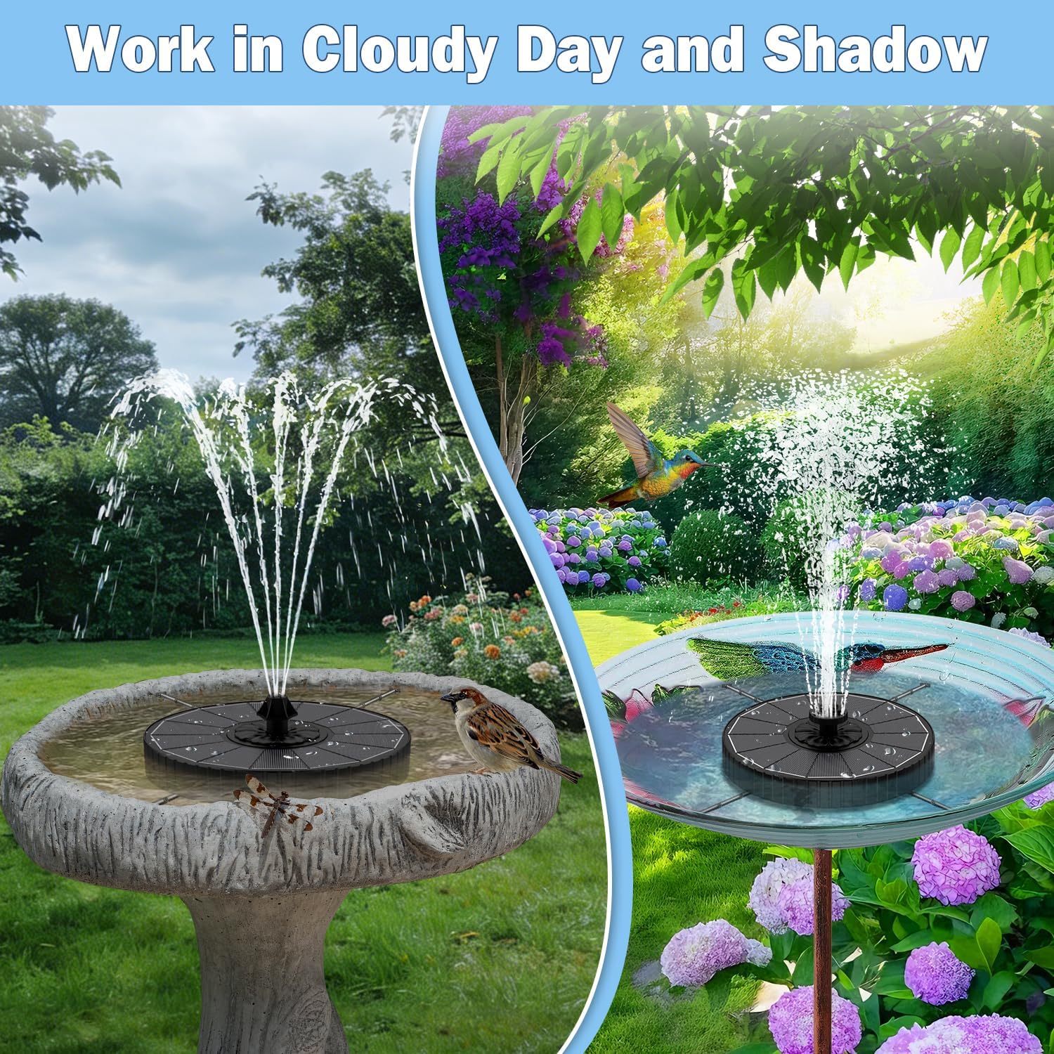 Yzert Solar Fountain Pump - 3-Level Adjustable Water Height, 7 Nozzles, 2000mAh Battery | Ideal for Bird Baths & Gardens