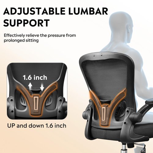 DEVAISE Office Chair, Ergonomic Computer Desk Chair with Flip-up Armrests, Comfy Mesh with Adjustable Lumbar Support, Black