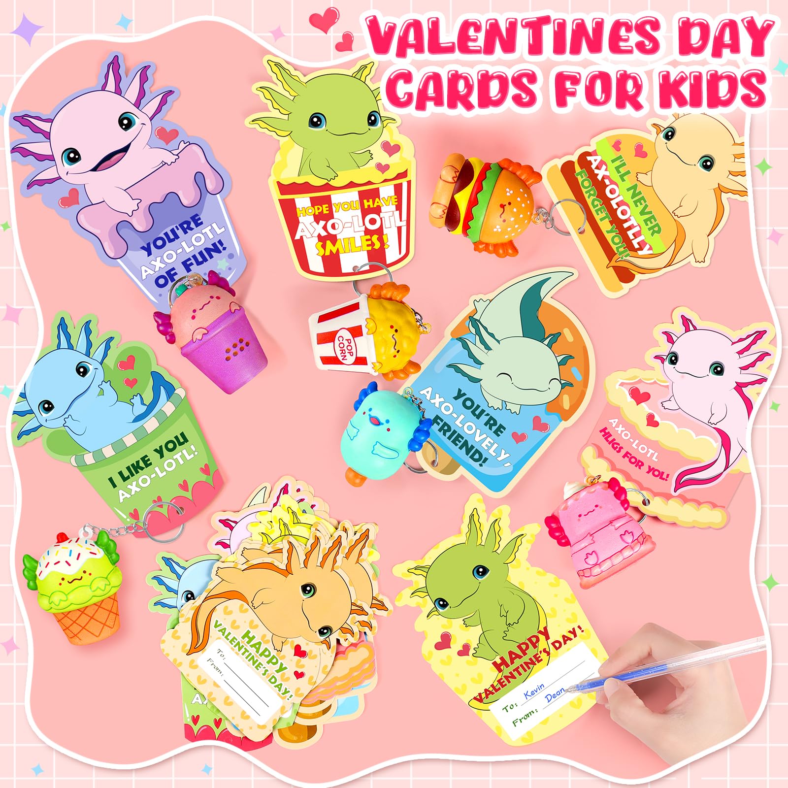 EULRGAUS Valentines Day Cards for Kids School, 24 PCS Food Axolotl Slow Rising Squishy Toys, Valentines Cards for Kids Classroom with Keychains, Valentines Classroom Exchange Party Favors Gifts
