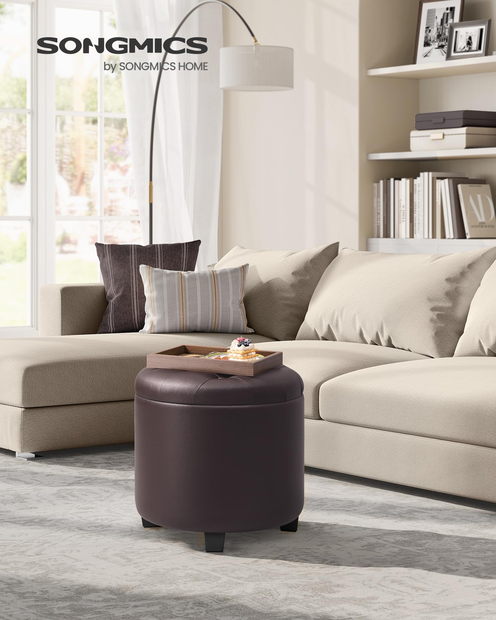 SONGMICS Round Ottoman, Ottoman with Storage, 17.7 x 17.7 x 17.5 Inches, Foot Rest with Legs, Synthetic Leather, Load up to 330 lb, for Living Room, Bedroom, Chestnut Brown ULOM014K01
