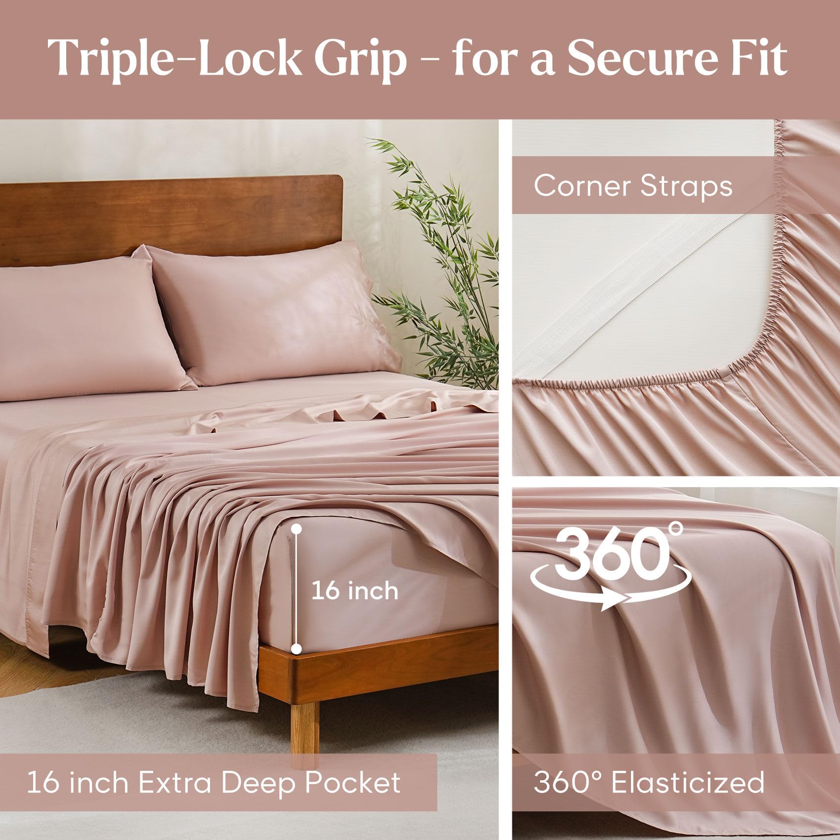 JSD Dusty Pink 100% Viscose Derived from Bamboo Sheet Set Queen, Cooling Sheets for Hot Sleepers, 300TC Sateen Weave, 16" Deep Pocket Corner Straps, Soft Silky Breathable