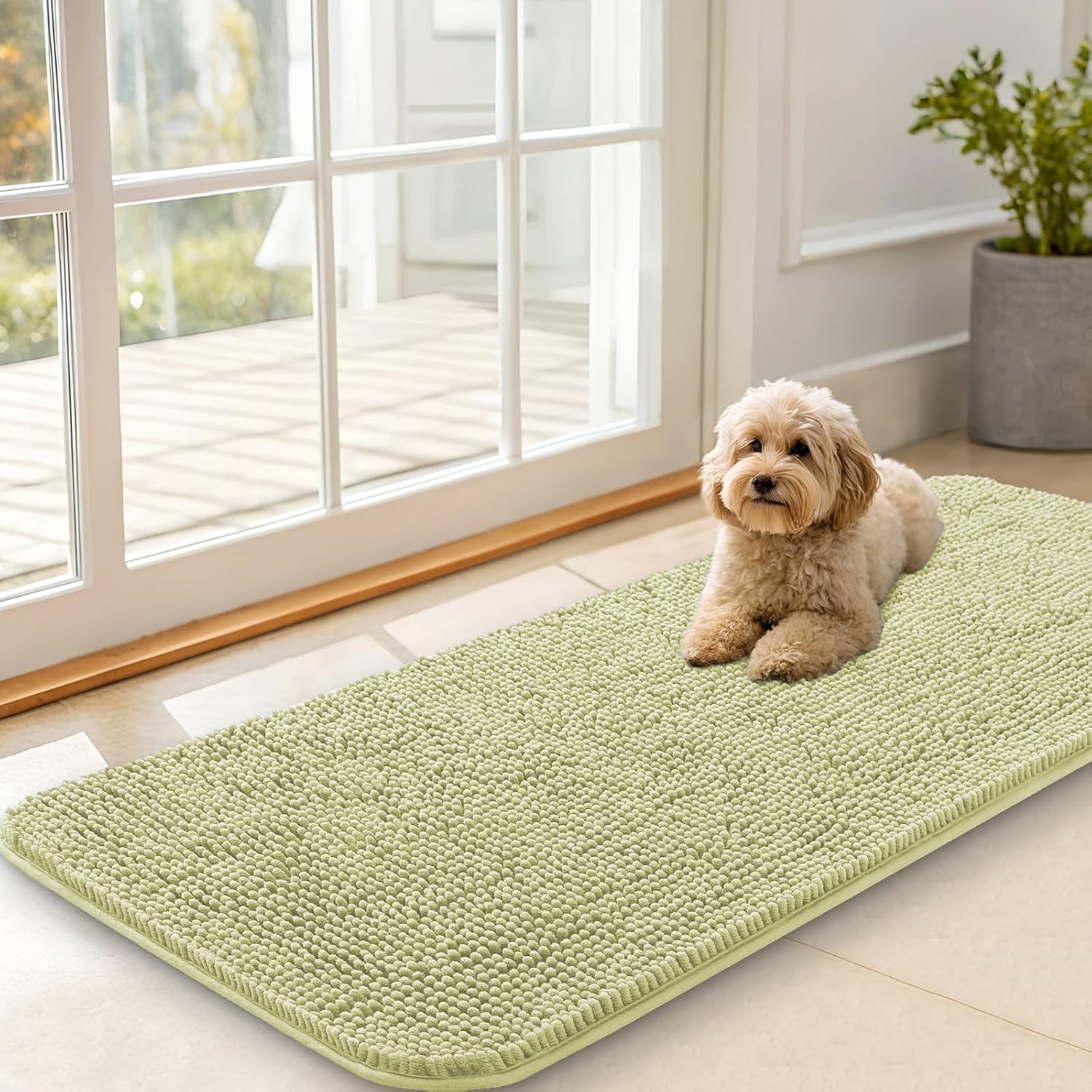 OLANLY Dog Door Mat - Absorbent Non-Slip Washable Doormat for Muddy Paws | 47x20, Quick Dry Chenille in Vanilla