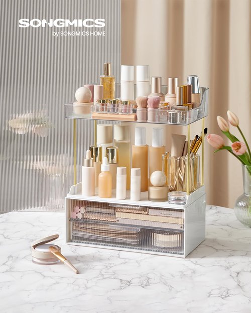 SONGMICS 4-Layer Makeup Organizer, Skincare Organizer, 4 Dividers, Anti-Slip Design, Bathroom Counter Organizer, Versatile for Vanity Bedroom Kitchen, 7.8 x 12.5 x 15.4 Inches, Transparent UJKA021W02