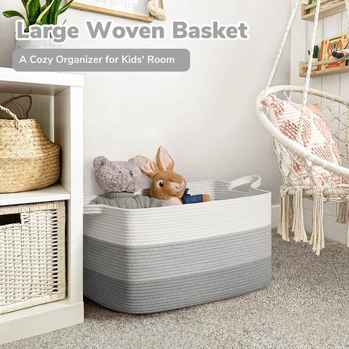 Goodpick Storage Basket - Large Woven Blanket Organizer | 21.6" x 14.9" x 11.8" | Gray Rope Design