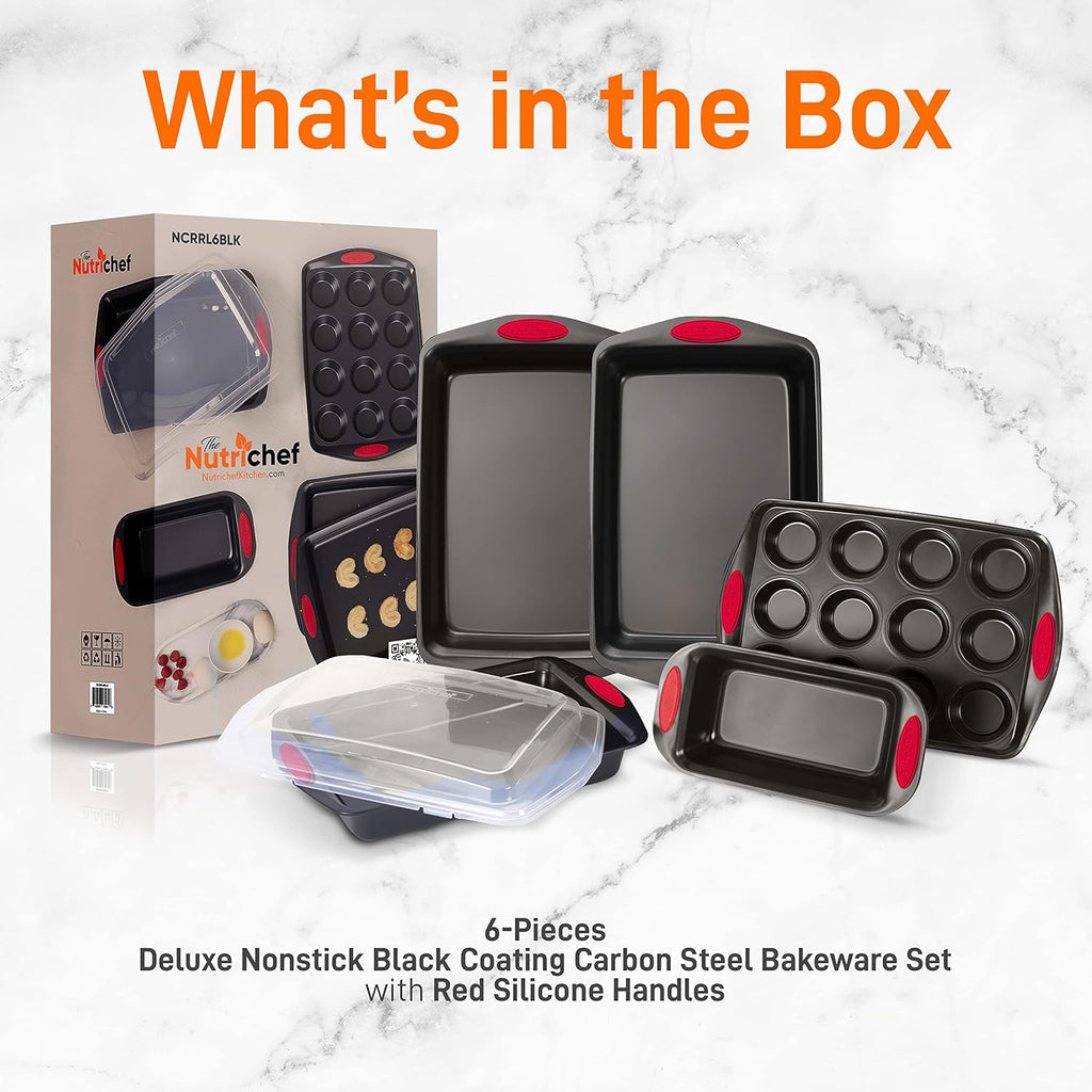 NutriChef 6-Piece Baking Pan Set - Nonstick Carbon Steel Bakeware with Red Silicone Handles | Includes Cookie Sheets, Roaster Pan, Loaf Pan & Muffin Pan (Black)