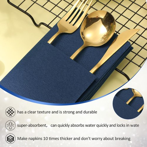 Cindeer 150 Pcs Navy Blue Linen Dinner Feel Napkins with Built in Flatware Pocket Prefolded Paper Disposable Airlaid Guest Hand Towel for Silverware Wedding Reception Christmas Baby Shower