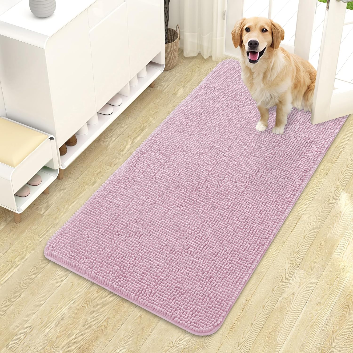 OLANLY Dog Door Mat - Absorbent Non-Slip Chenille Doormat for Muddy Paws | 44x24, Dusty Rose