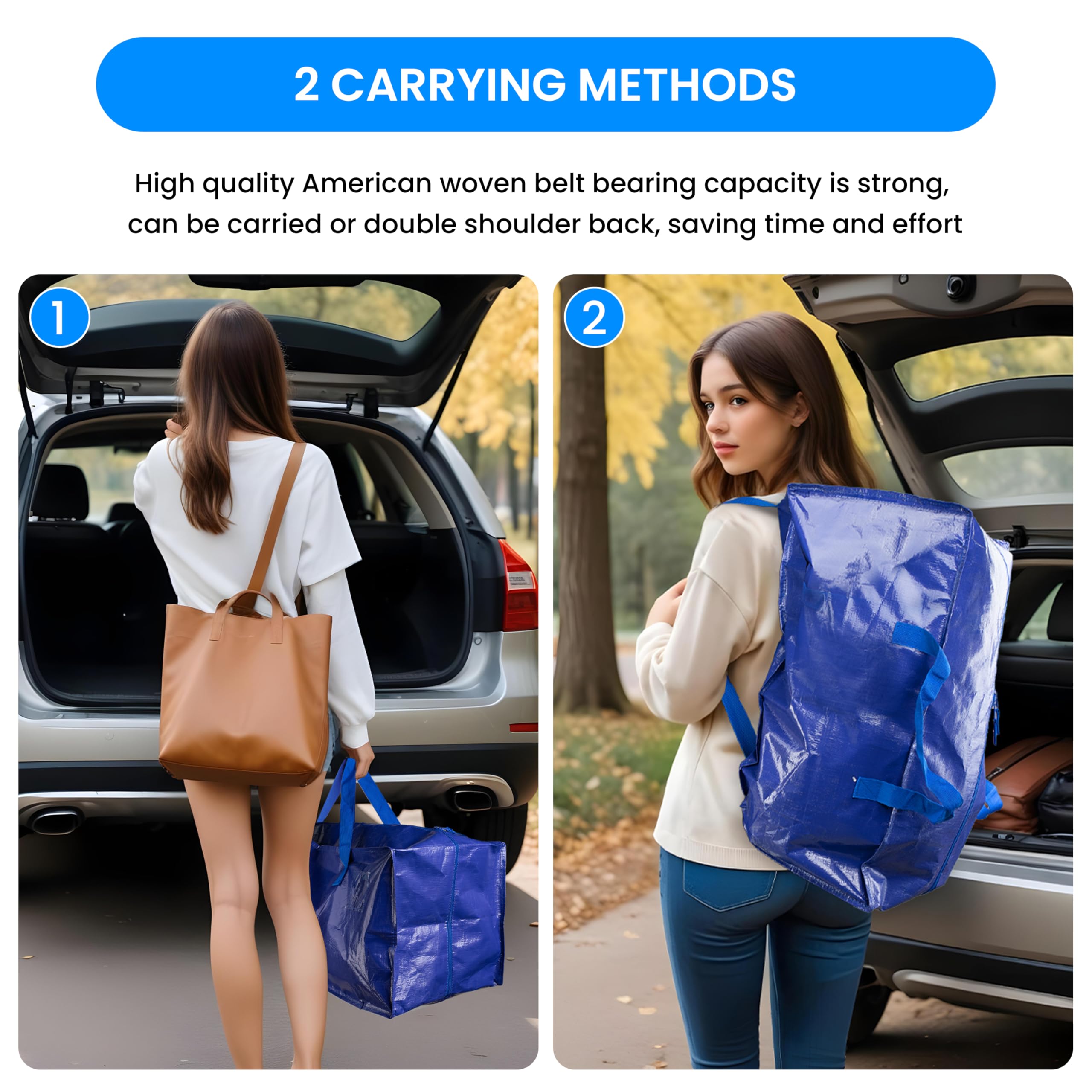 Simple Deluxe 6 Pack Extra Large Moving Bags with Backpack Straps, Strong Handles/Zippers, Heavy Duty Storage Tote For Moving Travel Camping Space Saving, Blue