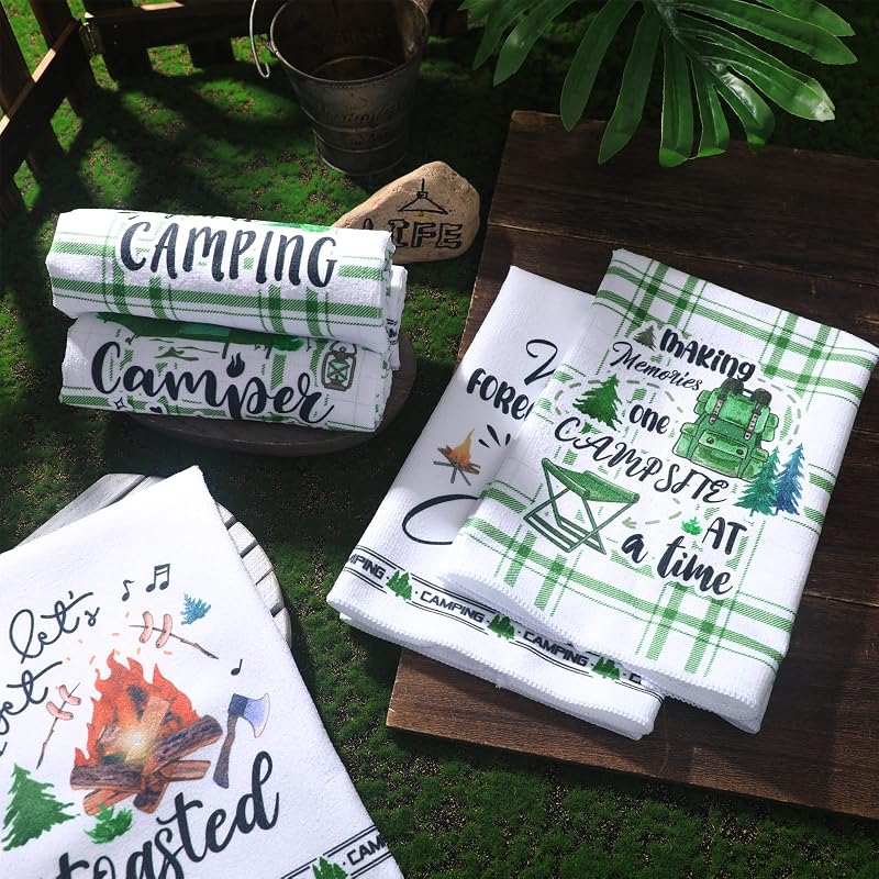 Camping Kitchen Towels 6 Pcs with Hanging Loop - Green Tent Design