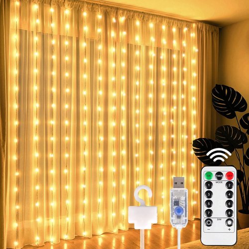 DomeStar 300 LED Curtain Lights - 9.8 x 9.8 FT Fairy Lights with 8 Modes Remote | Warm White Ambient Decor