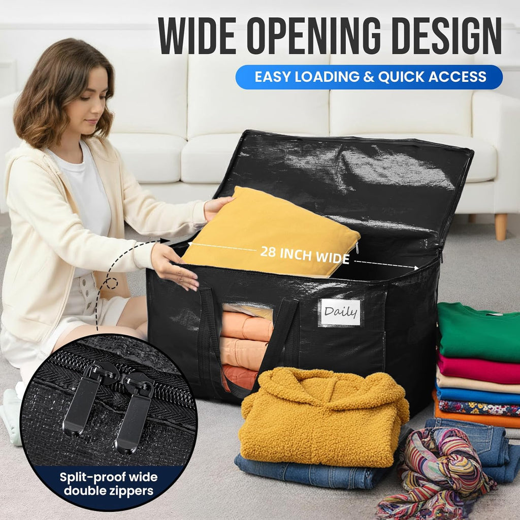 TAILI Extra Large Moving Bags - 4 Pack Heavy Duty Black Totes with Visible Window & Wrap Around Handles
