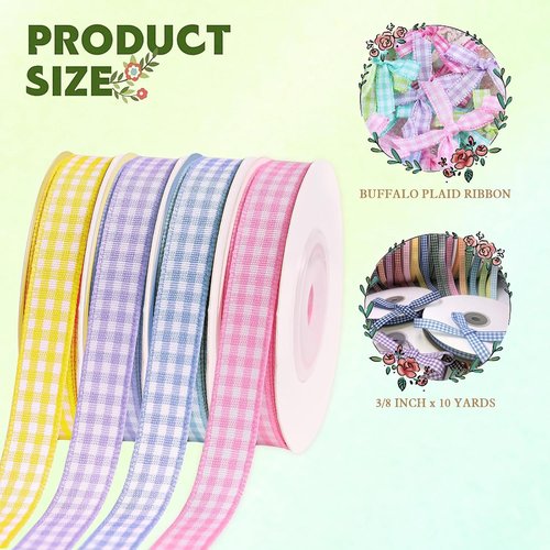 Gingham Ribbon by Spring | Thin Checkered Polyester for Gift Wrapping & Crafts | 10 Yds x 3/8 In | Pink/Purple/Blue/Yellow