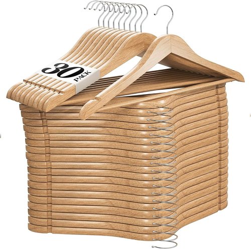 Home It Wooden Hangers 30 Pack - Durable Non-Slip Heavy Duty Coat Hangers for Jackets & Suits | Natural Wood Finish