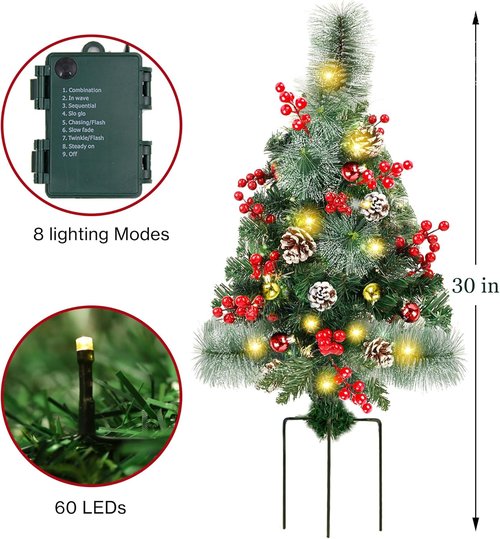 Juegoal Pre-Lit Pathway Christmas Trees - 30 Inch Artificial Urn Filler with 60 LED Lights, Red Berries & Pine Cones