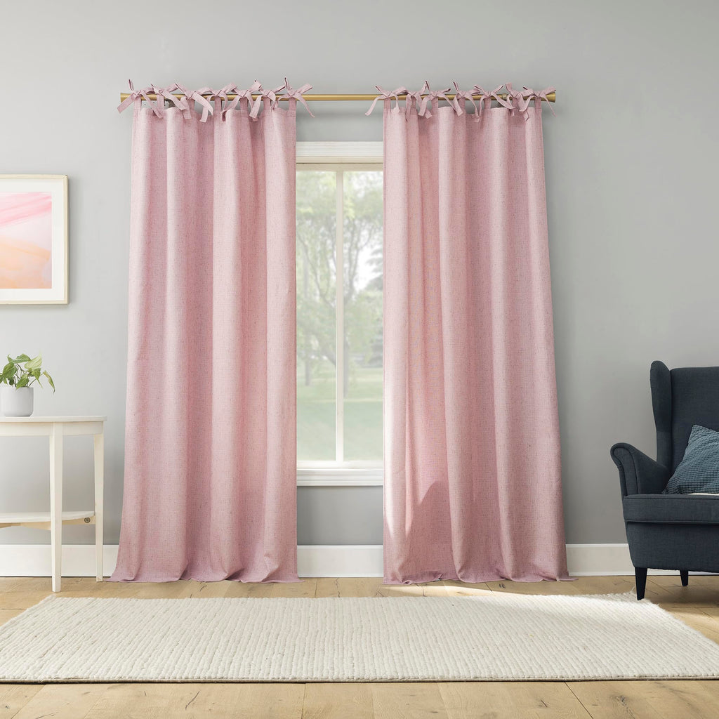 Sun Zero Roxy Generation Slub Texture Tacked Bow Semi-Sheer Tie Top Curtain Panel, 50" x 84", Pink