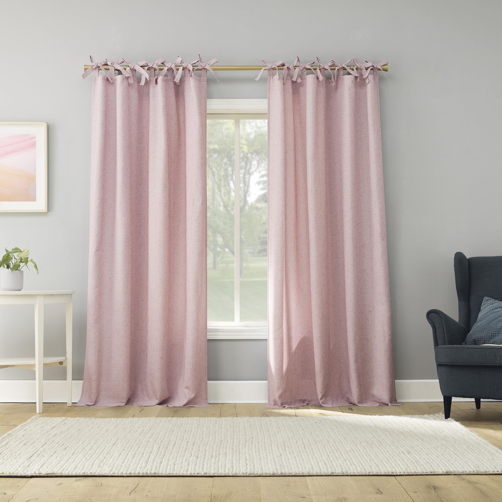 Sun Zero Roxy Generation Slub Texture Tacked Bow Semi-Sheer Tie Top Curtain Panel, 50" x 84", Pink