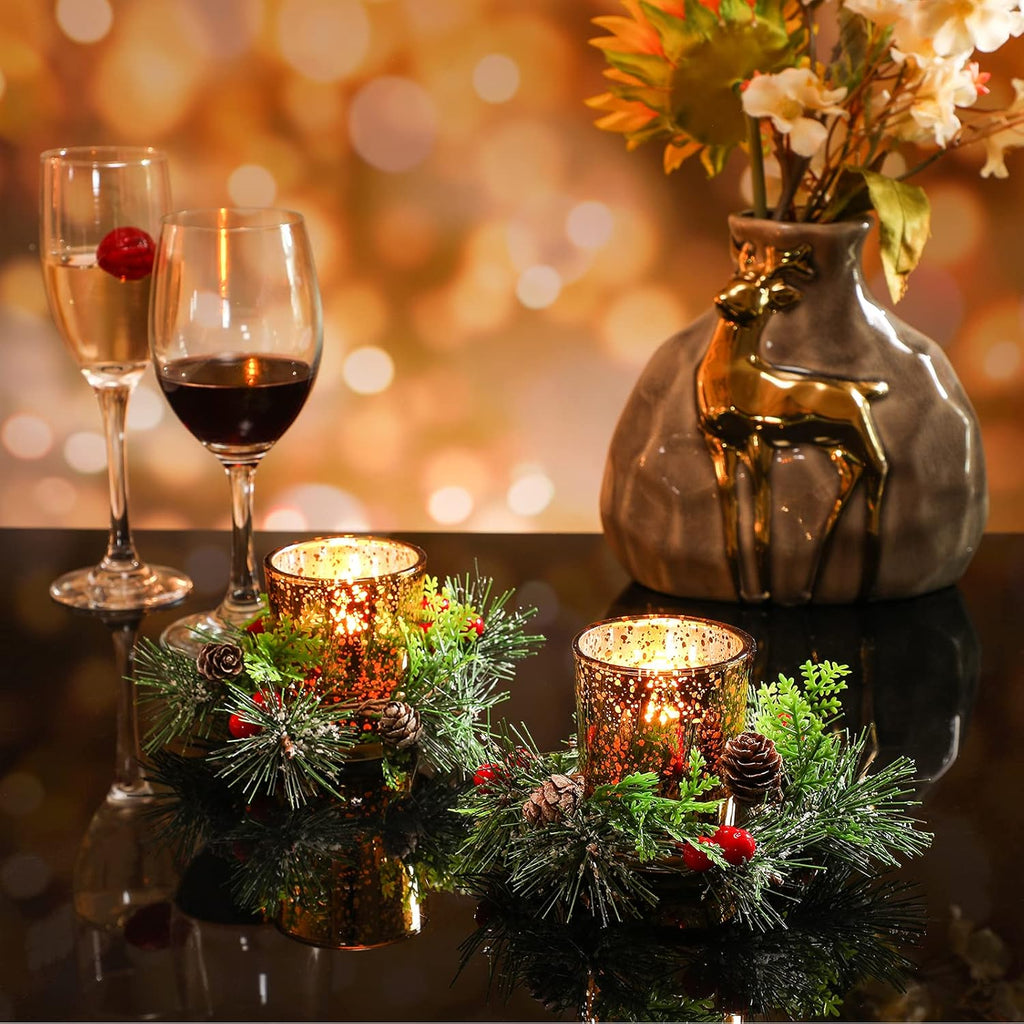 Skylety Christmas Votive Candle Holders - 4 Pack Glass Tealight Holders with Red Berry Wreaths for Holiday Decor