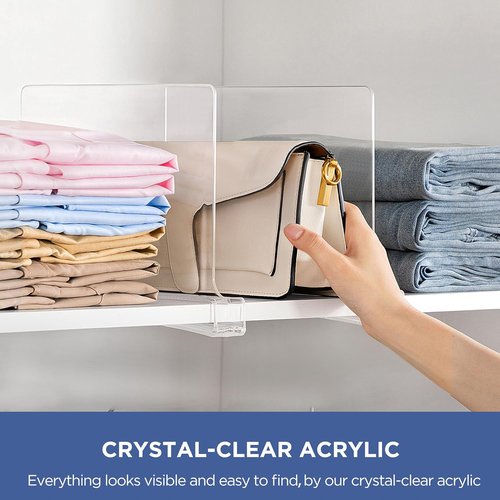 HBlife Clear Shelf Dividers - 12-Inch Extra Tall Purse Organizer | 6-Pack Acrylic Closet Storage