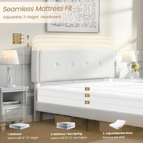 Cloud Bed Frame - Full Size Upholstered Headboard in White | Modern Soft Platform Bed with Easy Assembly