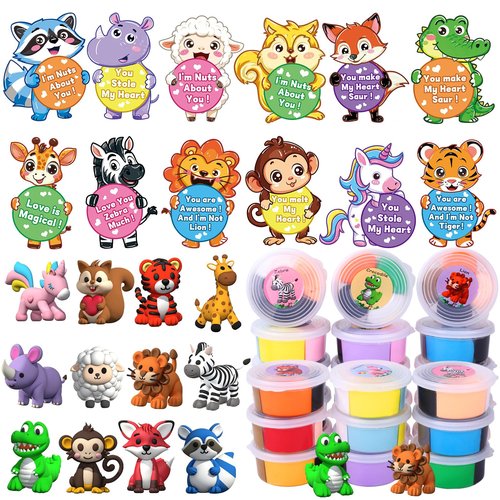 Celltestria Valentines Day Gifts Toys for Kids 12pcs Animal Air Dry Clay DIY Kit with Cards for Boys Girls Easter Party Favors Classroom School Prize Rewards Birstday Gifts Exchange