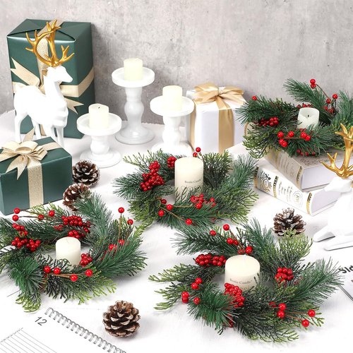 Knitgrip Mini Christmas Candle Rings - Red Berry Pinecone Wreaths for Holiday Table Centerpieces