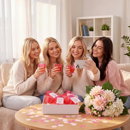 Ferrochef 24 Set Galentine Day Gift Heart Shaped Shot Glasses Set 1.5 oz Plastic Drinking Cups with Galentine Greeting Cards for Valentines Friendship Women Party Favors(Fuchsia)