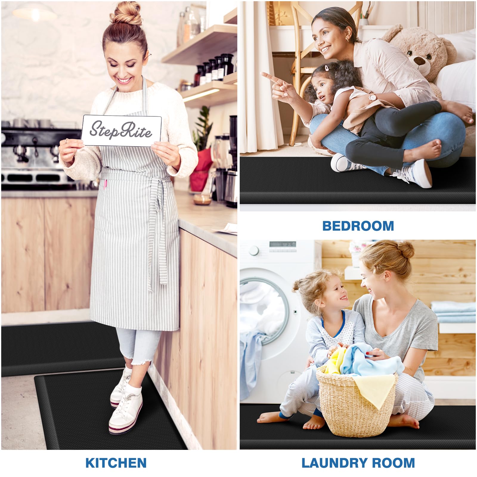 StepRite Kitchen Mats, 2PCS Kitchen Rugs, Cushioned Anti Fatigue Kitchen Mats for Floor, Non-Slip Standing Desk Mat, Waterproof Kitchen Rug Set for Kitchen, 20" x 32"+20" x 72"-Full 1 inch Thick,Black