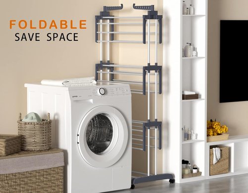 HOMIDEC Oversized 4-Tier Clothes Drying Rack - Foldable Stainless Steel with 24 Poles & 14 Hooks | Grey