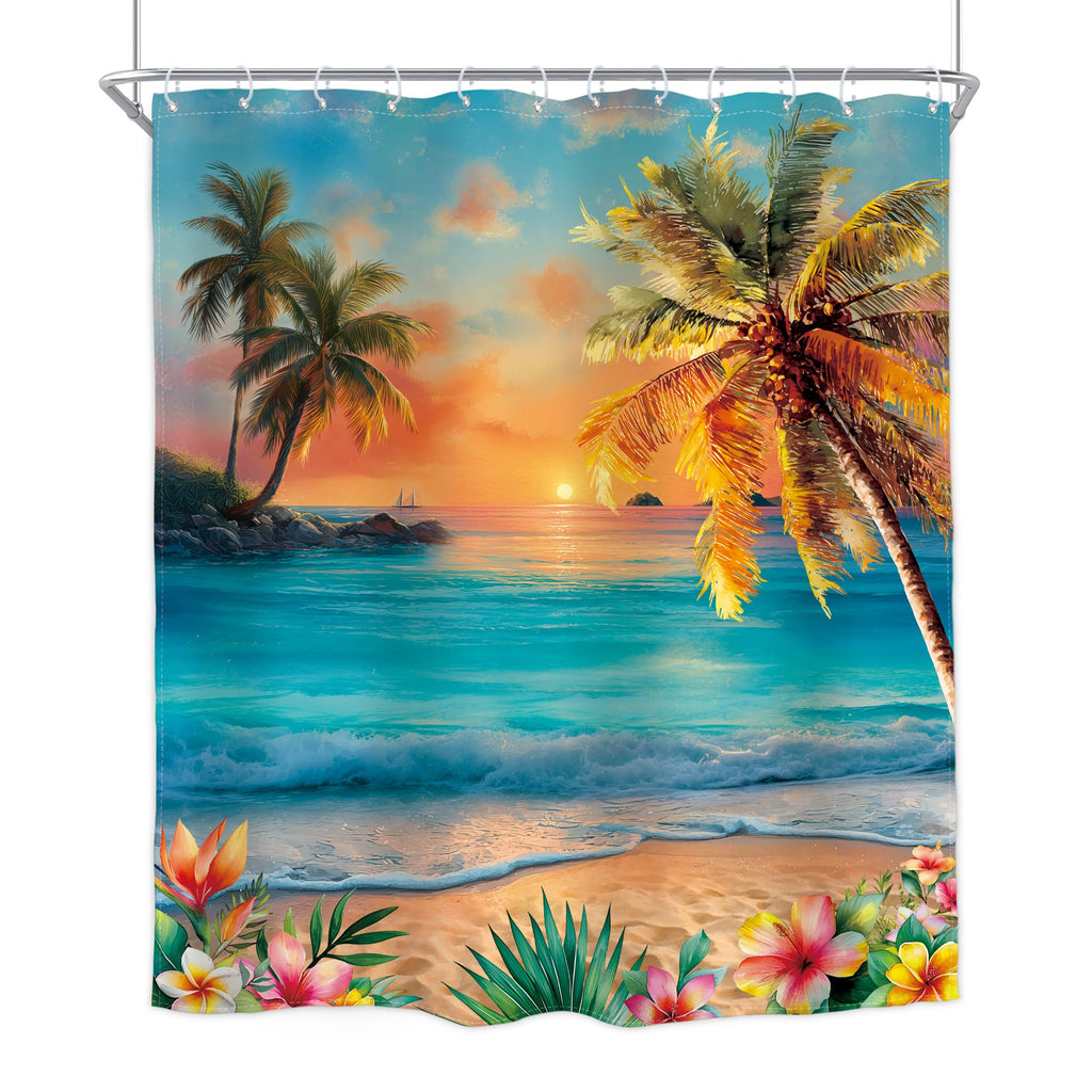 Homewelle Beach Ocean Shower Curtain Hawaii Seaside Sunset Coastal Tropical Palm Tree Flower Plant Landscape Summer Scenery Nature 60Wx72H Inch Sea Wave Waterproof Polyester Fabric Bathroom Bathtub