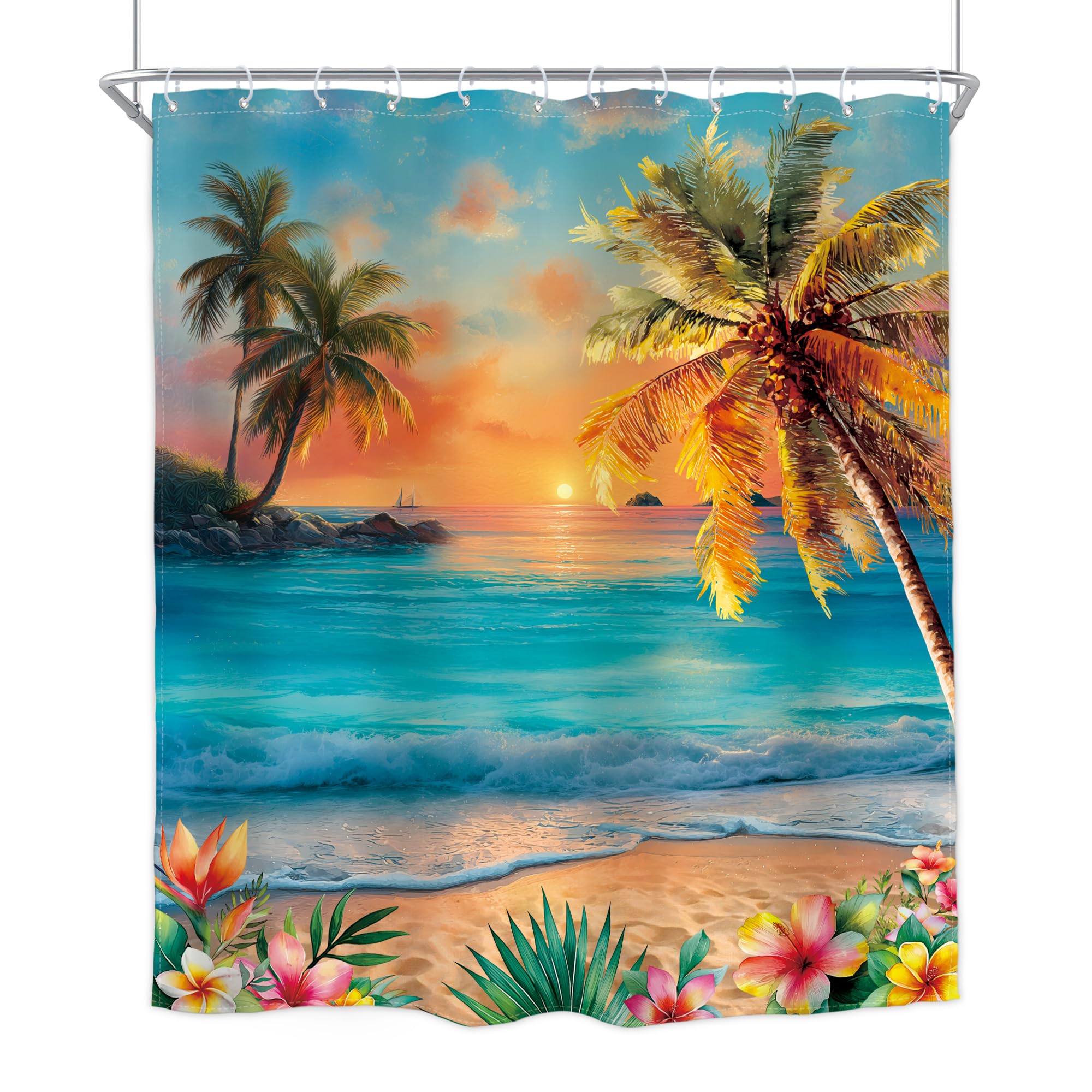 Homewelle Beach Ocean Shower Curtain Hawaii Seaside Sunset Coastal Tropical Palm Tree Flower Plant Landscape Summer Scenery Nature 60Wx72H Inch Sea Wave Waterproof Polyester Fabric Bathroom Bathtub