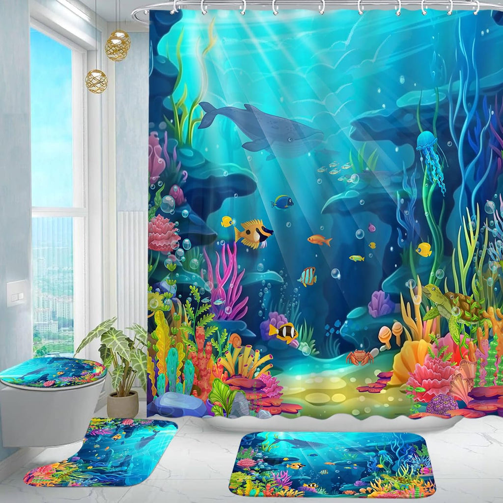 Skiennix Ocean Shower Curtain Set - Tropical Underwater World Design with Non-Slip Bath Rugs | 4-Piece Kids Bathroom Decor